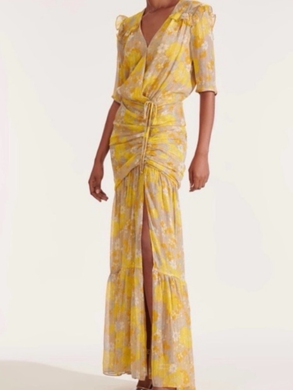 Veronica Beard Yellow and Gray Floral Ruched Maxi Dress